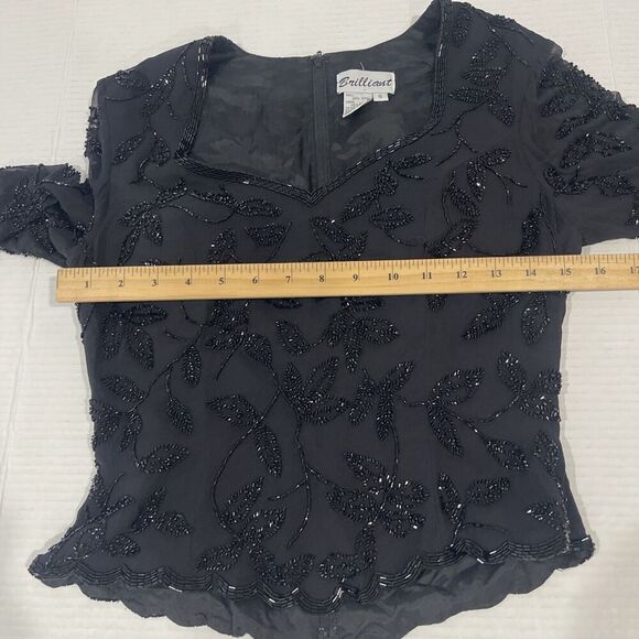 Vintage Small Beaded Black Blouse Sheer Sleeve Goth Steampunk Prom Event Lined - Picture 10 of 14